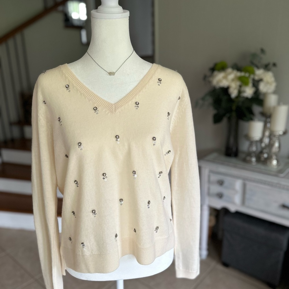 FCUK Cream Sweater with Silver Beaded Flowers